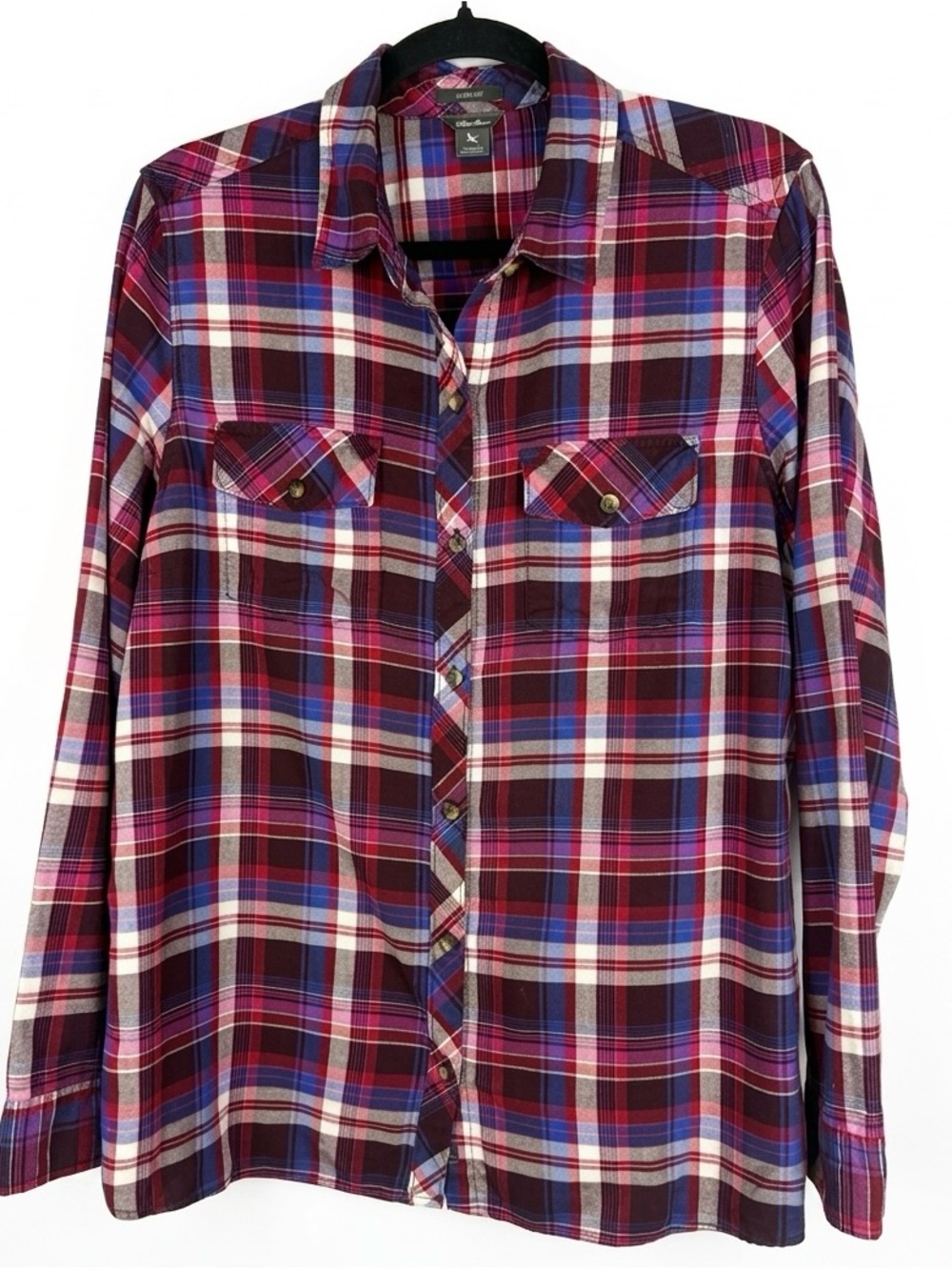 Eddie Bauer Classic Fit Plaid Button Down Shirt Women Large Purple Pink Flannel